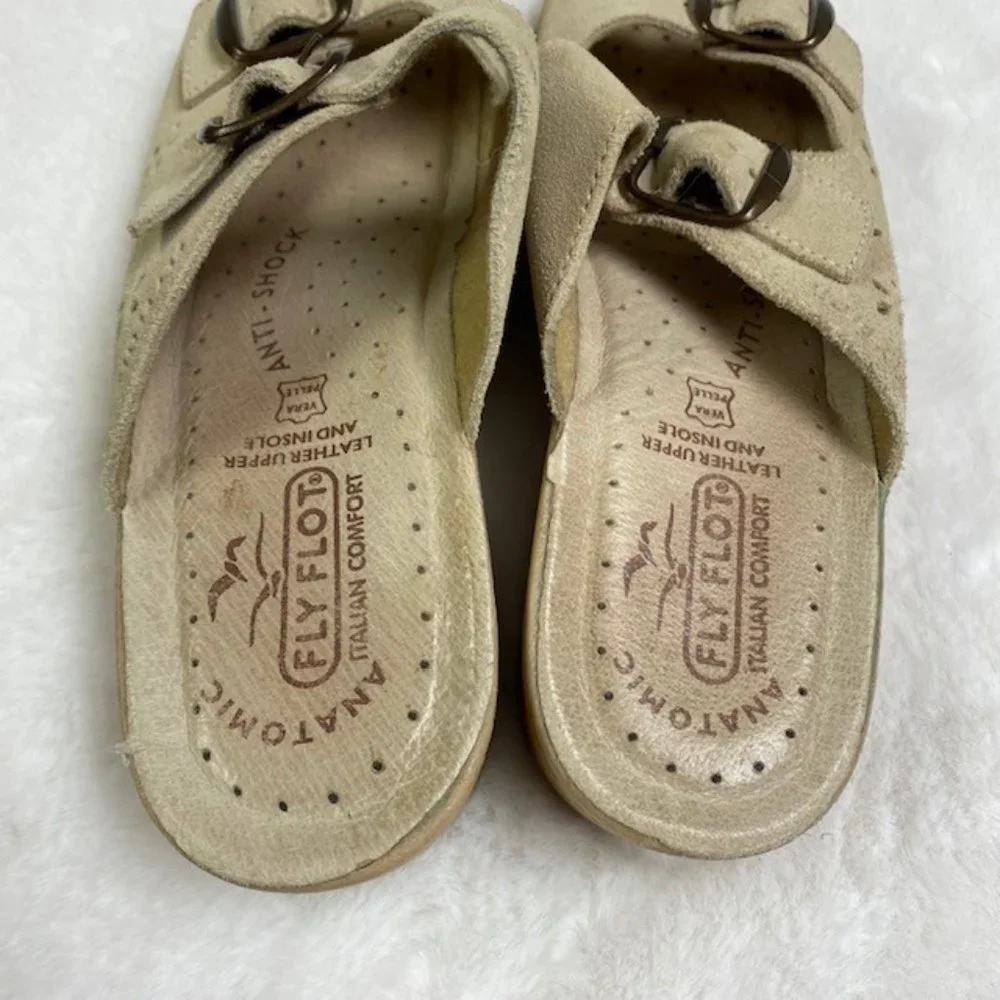 Fly Flot Tan Suede Double‎ Buckle Slip On Wedge Sandals US 5 EU 36